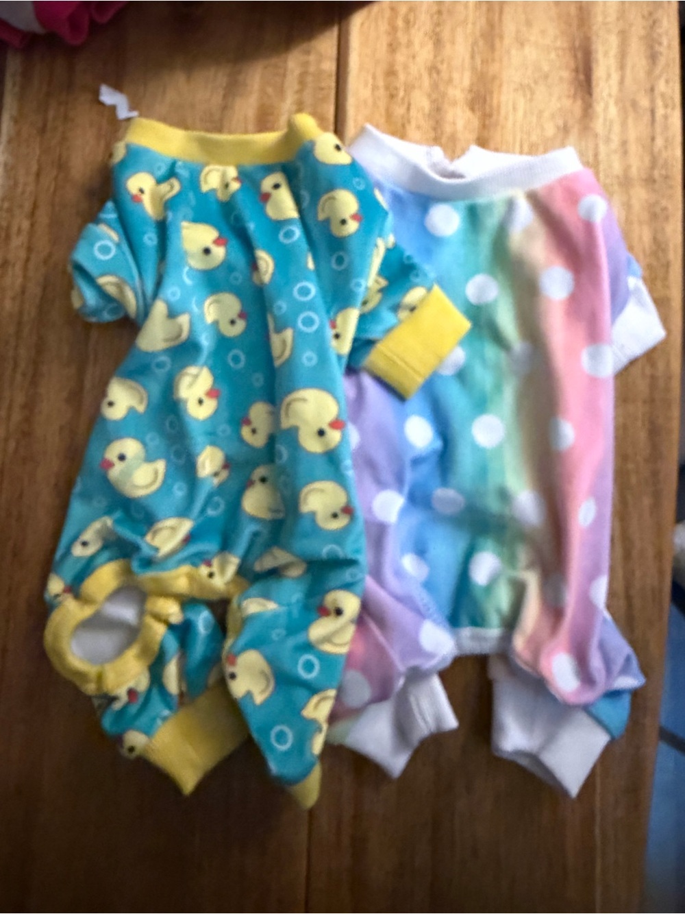 Cute Duck & Pastel Polka Dot Dog Pajama Set - Yellow, Teal, Pastel Rainbow